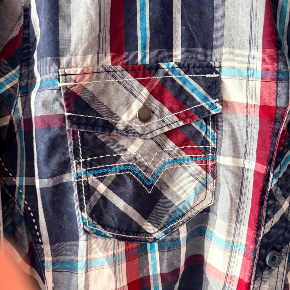 Helix Mens Large Athletic Fit Plaid Button Down Shirt Navy Red Long Sleeve - Picture 5 of 8